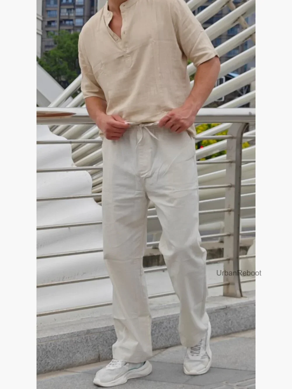 Men's Linen Pants Elastic Waist Drawstring Lightweight Casual Beach Trousers